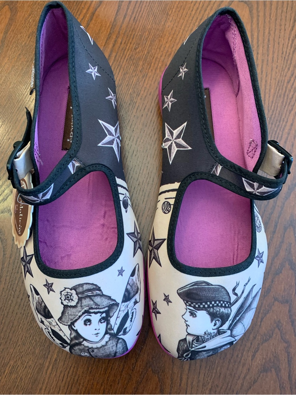 Star-Print Black & Cream Mary Jane Flats with Purple Insole